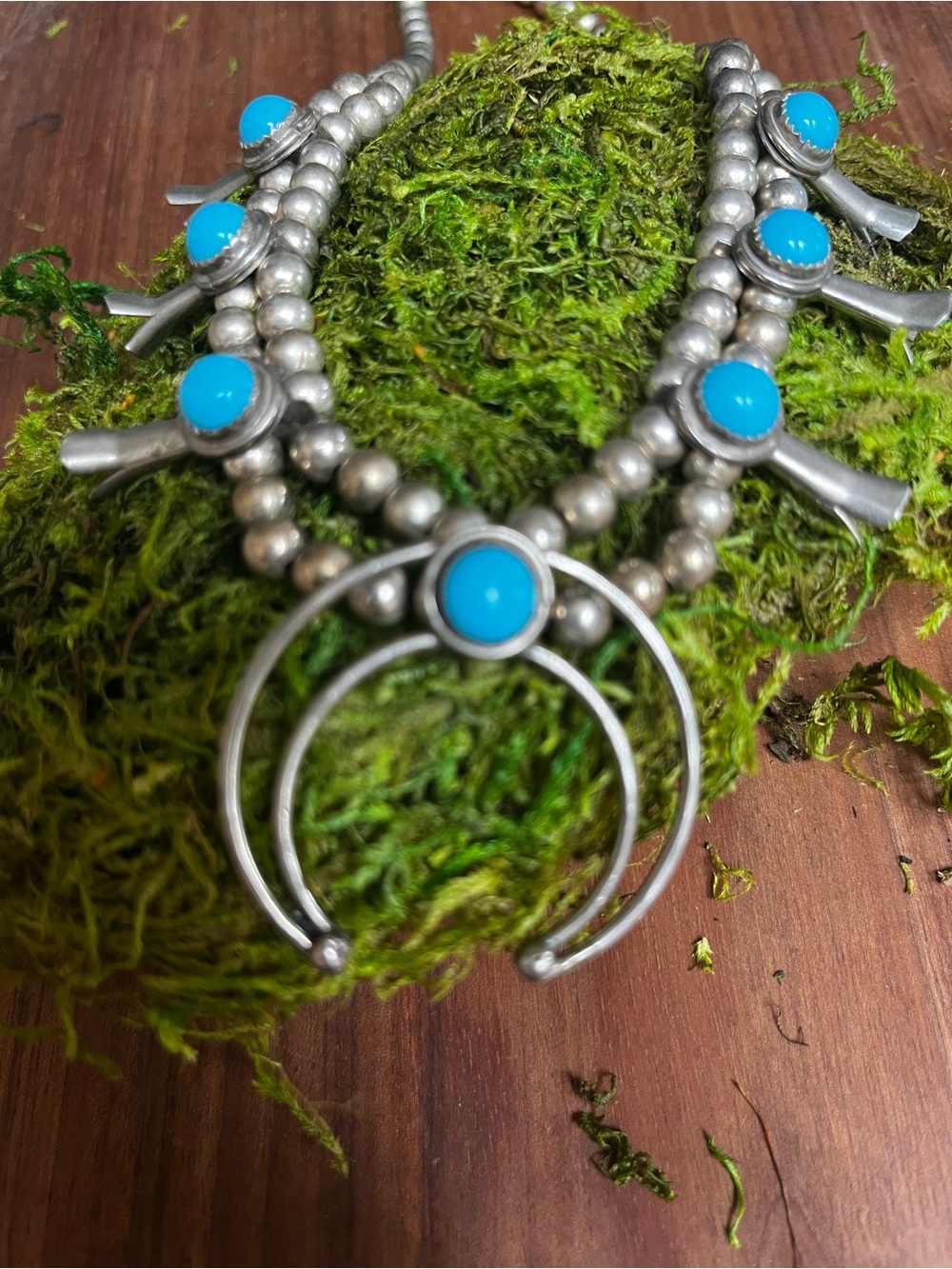 Southwestern Native AmericanTurquoise Squash Blossom Necklace - Silver Marked DH